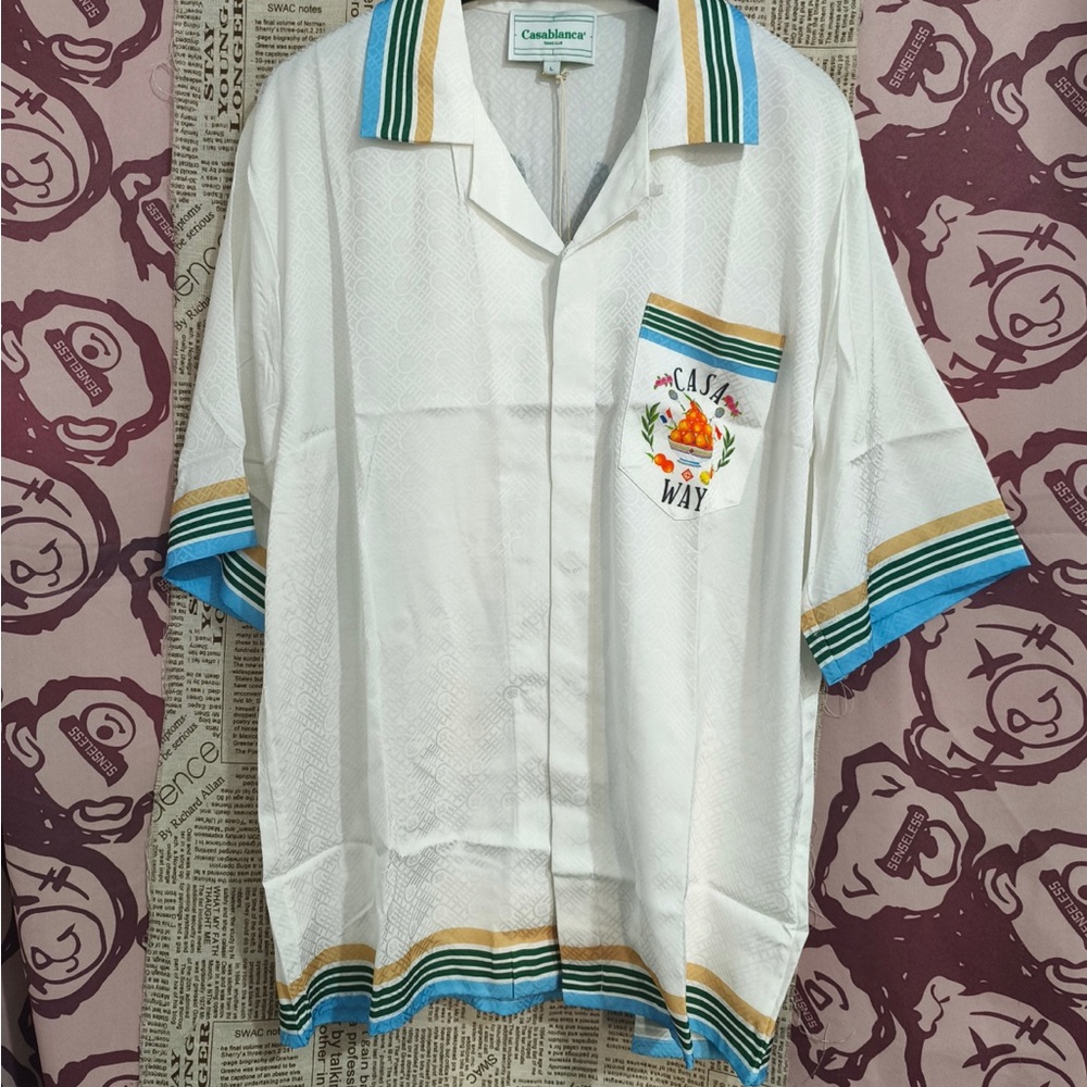 Casablanca White Short-Sleeve Button-Down Shirt with Blue & Gold Trim
